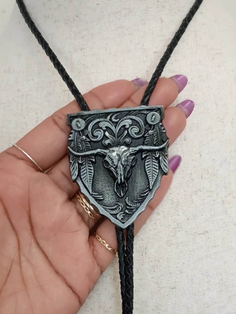 Western Bolo Tie Necklace Ornate Silver Shield Black Cord Vintage Style
